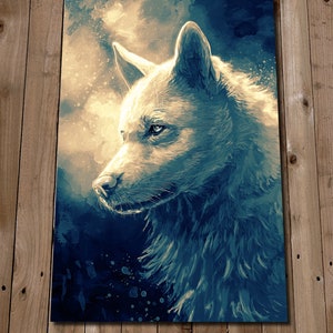 May include: A white wolf with blue and white fur is depicted in a watercolor style painting. The wolf's head is turned to the side, and its eyes are looking off to the side. The background is a dark blue with white and yellow splashes of paint.