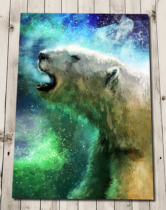 Polar Bear Art Print - Arctic Print - Northern Lights Art - Aurora Borealis Art - Endangered Animals - Polar Bear Painting Print