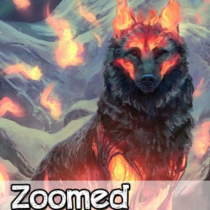 May include: A black wolf with flames erupting from its body, standing in a snowy landscape with more flames in the background.