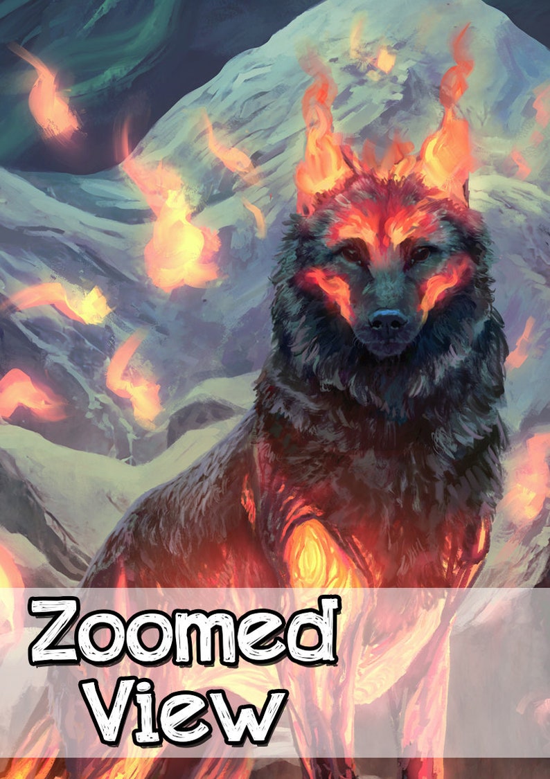 May include: A black wolf with flames erupting from its body, standing in a snowy landscape with more flames in the background.