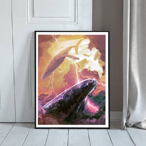 May include: A digital painting of two whales swimming through a stormy sky. The whales are a dark blue and black color, and the sky is filled with lightning bolts and clouds. The painting has a dramatic and ethereal feel.