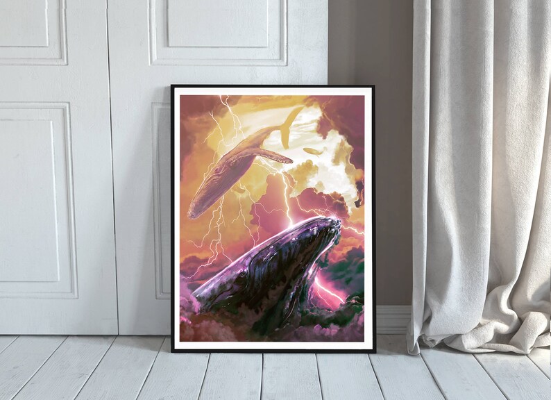 May include: A digital painting of two whales swimming through a stormy sky. The whales are a dark blue and black color, and the sky is filled with lightning bolts and clouds. The painting has a dramatic and ethereal feel.