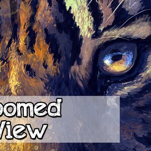 K&ouml;nnte beinhalten: Nahaufnahme eines Tigerauges mit einer blauen und goldenen Iris. Das Auge ist von dunkelbraunem und schwarzem Fell umgeben. Das Bild ist in einem stilisierten, abstrakten Stil gemalt.