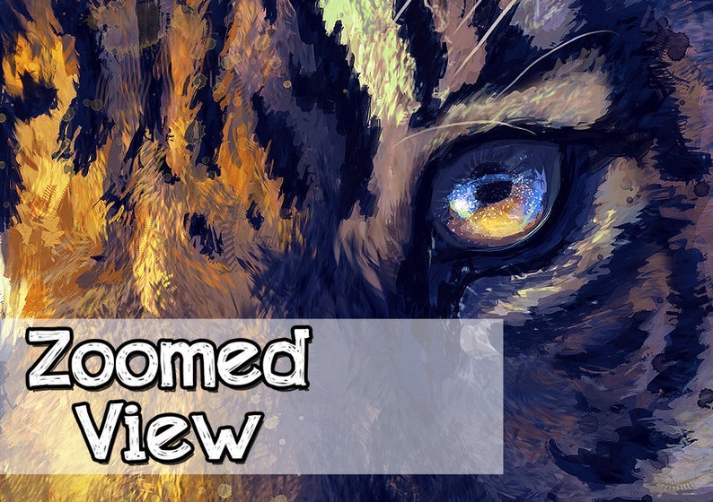 K&ouml;nnte beinhalten: Nahaufnahme eines Tigerauges mit einer blauen und goldenen Iris. Das Auge ist von dunkelbraunem und schwarzem Fell umgeben. Das Bild ist in einem stilisierten, abstrakten Stil gemalt.