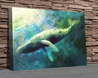 Blue Whale Canvas Art - Nautical Wall Art - Ocean Sealife Home Decor - Ready to Hang Canvas - Independent Artist