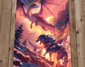 Magical Dragon Art Print - Flying Dragon Artwork - Wolf and Dragon Wall Art - Fantasy Illustration - Vertical Painting