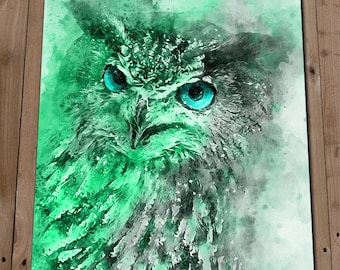 Gravures colorées - impression hibou - tableau turquoise - style aquarelle hibou - impression d'art hibou - cadeaux hibou pour femme - portrait peinture nature