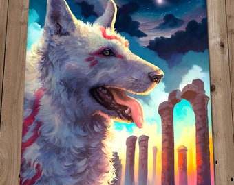 White Wolf Art Print - Okami Inspired Amaterasu Painting - Tribal Wolf Wall Decor - Independent Artist