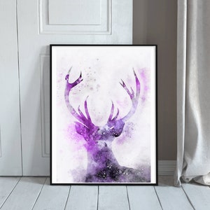 May include: A purple watercolor painting of a deer head with antlers. The deer is silhouetted against a white background with a subtle purple and gray watercolor wash.