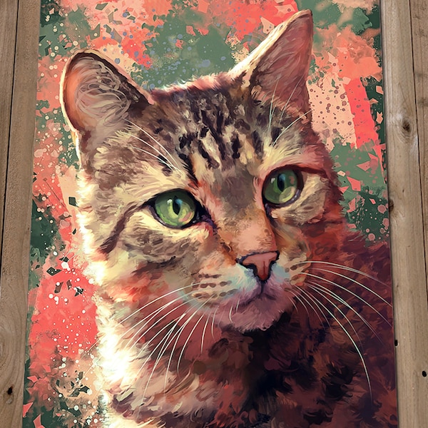 Tabby Cat Art Print - Brown Tabby Painting with Green or Yellow Eyes - Pet Portrait - Cat Lover Art - Cattery Veternarian Wall Art