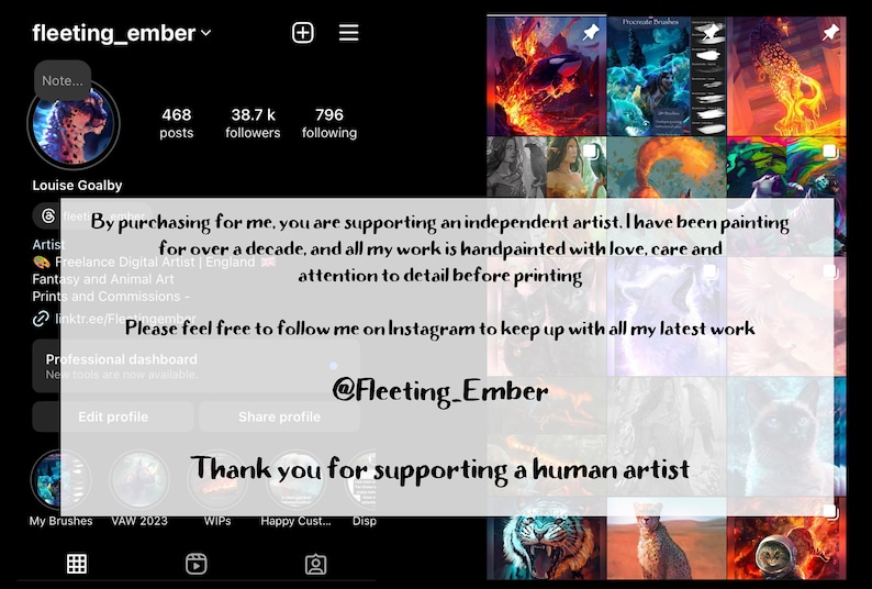 May include: A screenshot of an artist's Instagram profile, featuring a cheetah illustration, the artist's name "Louise Goalby", and the text "By purchasing for me, you are supporting an independent artist. I have been painting for over a decade, and all my work is handpainted with love, care and attention to detail before printing. Please feel free to follow me on Instagram to keep up with all my latest work @Fleeting_Ember Thank you for supporting a human artist."