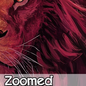 May include: Close-up of a lion's face with a deep red and burgundy colour palette. The lion's eye is visible and has a golden colour. The lion's whiskers are white and stand out against the dark background.