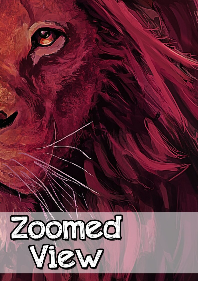 May include: Close-up of a lion's face with a deep red and burgundy colour palette. The lion's eye is visible and has a golden colour. The lion's whiskers are white and stand out against the dark background.