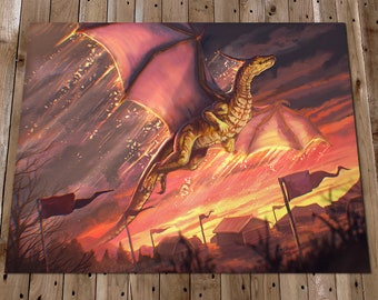 Kunst aan de muur cadeau draak - gouden draak fantasiekunstwerk - kinderposter draak - schilderij vliegende draak - fantasiedecor - onafhankelijke kunstenaar