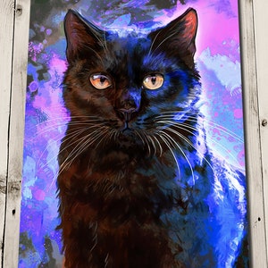 May include: A black cat with white whiskers stares directly at the viewer. The cat is set against a background of blue and purple watercolor-like splatter paint.