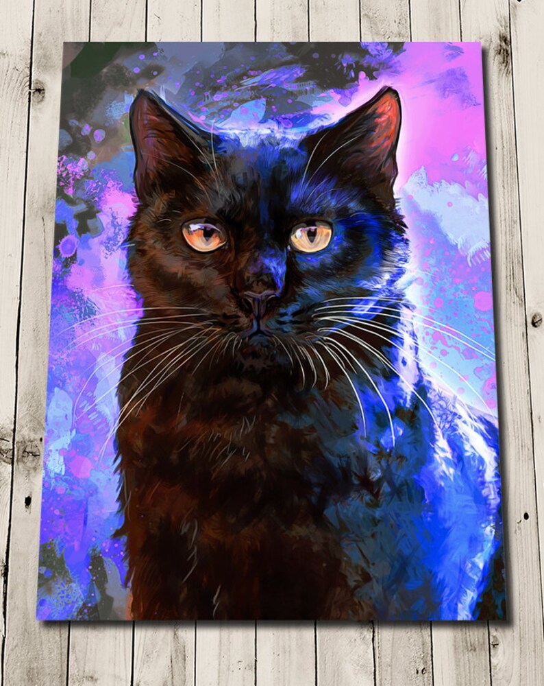 May include: A black cat with white whiskers stares directly at the viewer. The cat is set against a background of blue and purple watercolor-like splatter paint.