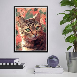 May include: A painting of a tabby cat with green eyes. The cat is looking to the right of the frame. The background is a colorful abstract design with shades of red, orange, green, and brown.