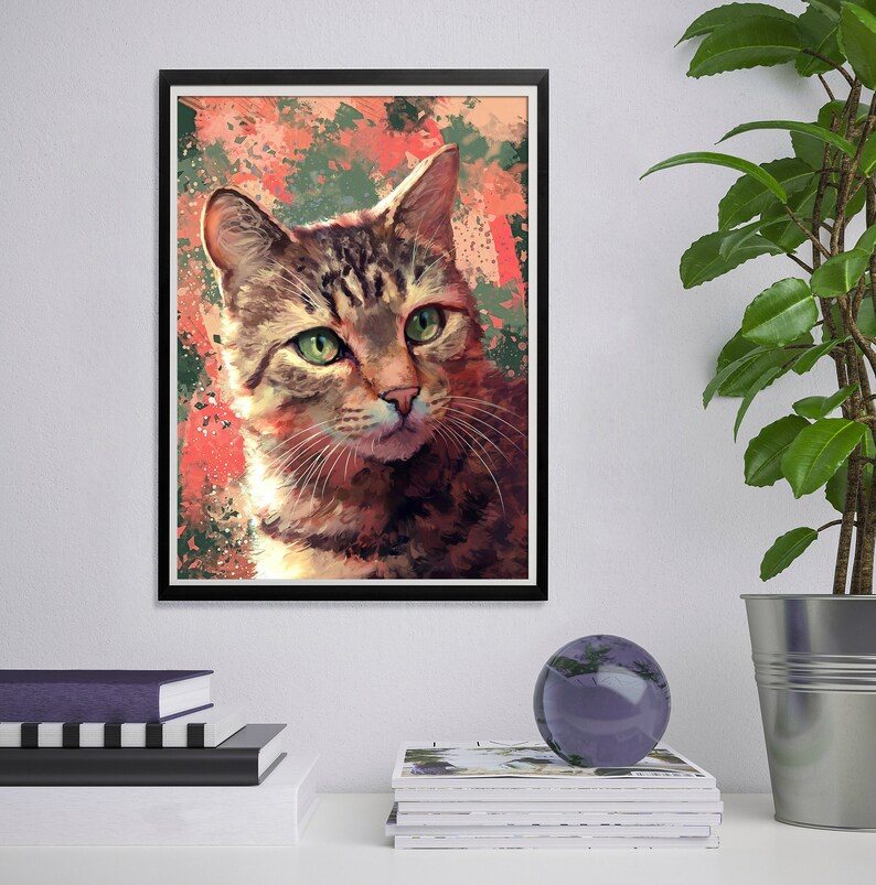 May include: A painting of a tabby cat with green eyes. The cat is looking to the right of the frame. The background is a colorful abstract design with shades of red, orange, green, and brown.