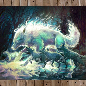 Mother Wolf Art Print - Fantasy Art Painting - Magical Spirit Wolves - Puppies Running with Mum - Motherhood - Independent Artist