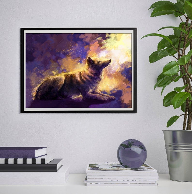 May include: A digital painting of a wolf howling at a bright yellow light in a purple and yellow sky.