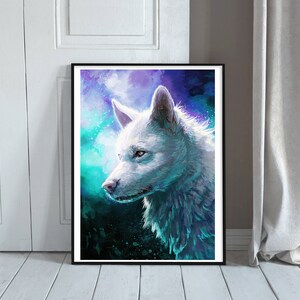 May include: A white wolf with blue eyes is depicted in a painting against a background of swirling purple, blue, and green colors. The wolf's fur is detailed with a soft, fluffy texture.
