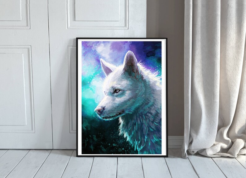 May include: A white wolf with blue eyes is depicted in a painting against a background of swirling purple, blue, and green colors. The wolf's fur is detailed with a soft, fluffy texture.
