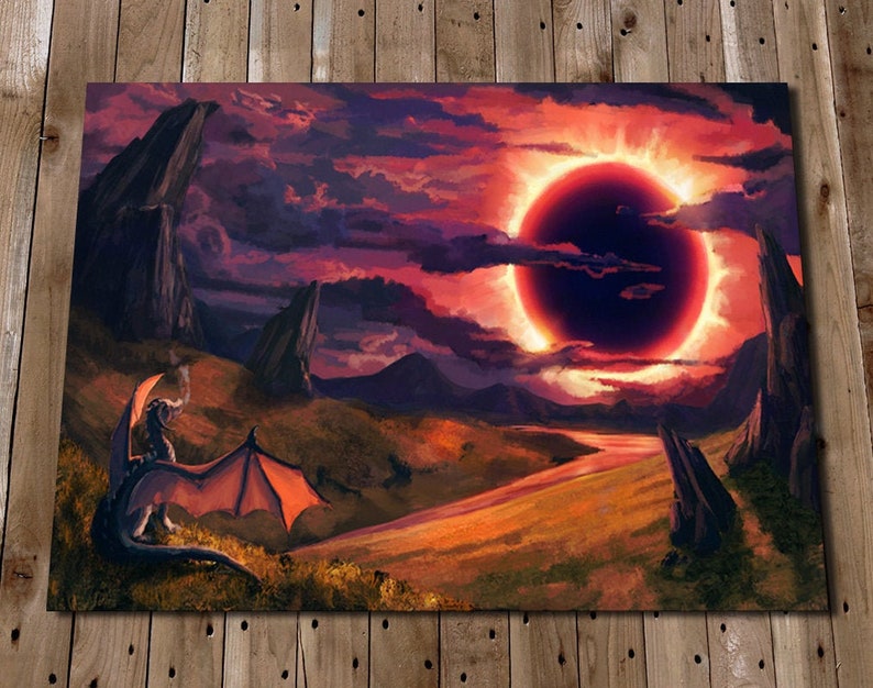 May include: A black dragon with red wings sits in a field with a red and orange sky. A large black circle with a red ring around it is in the sky.