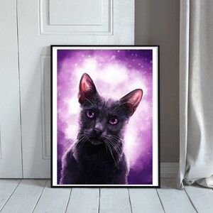 May include: A black cat with bright purple eyes is depicted in a digital painting. The cat is looking directly at the viewer, and the background is a soft purple with white highlights.