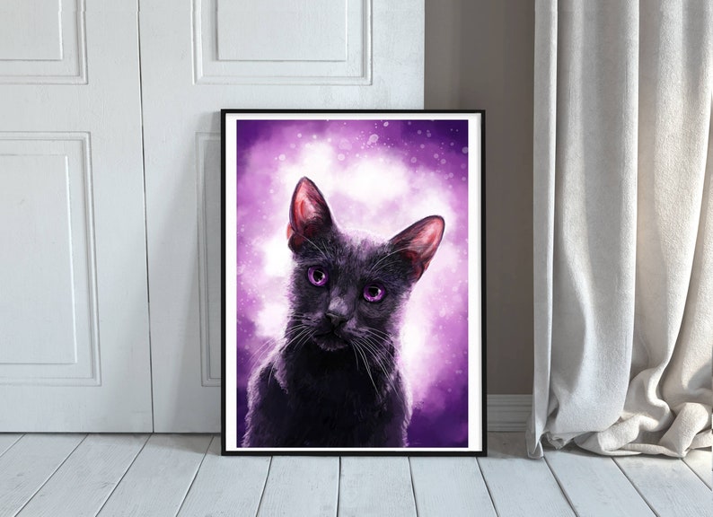 May include: A black cat with bright purple eyes is depicted in a digital painting. The cat is looking directly at the viewer, and the background is a soft purple with white highlights.