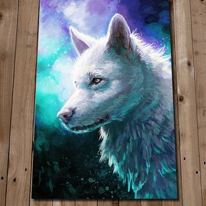 May include: A white wolf with blue eyes is depicted in a painting with a teal and purple background. The wolf's fur is painted with a soft, brushstroke effect.