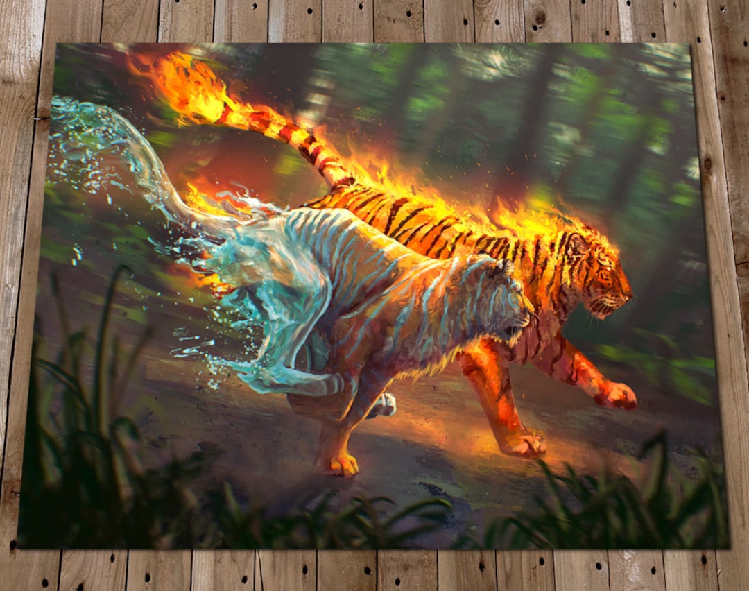 Fantasy Art Fire and Water Tiger the Race Art Print Magical