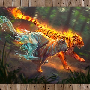 Arte fantasy - Tigre di fuoco e acqua - Stampa artistica della gara - Arte murale magica e mitologica - Creature fantasy - Opere d&#39;arte di artisti indipendenti