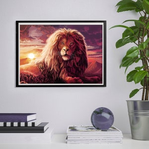May include: A majestic lion with a thick mane sits in a dramatic landscape with a sunset in the background. The lion's fur is a deep red and orange, and the sky is a vibrant purple and orange.