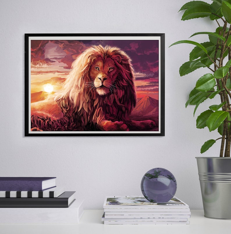May include: A majestic lion with a thick mane sits in a dramatic landscape with a sunset in the background. The lion's fur is a deep red and orange, and the sky is a vibrant purple and orange.