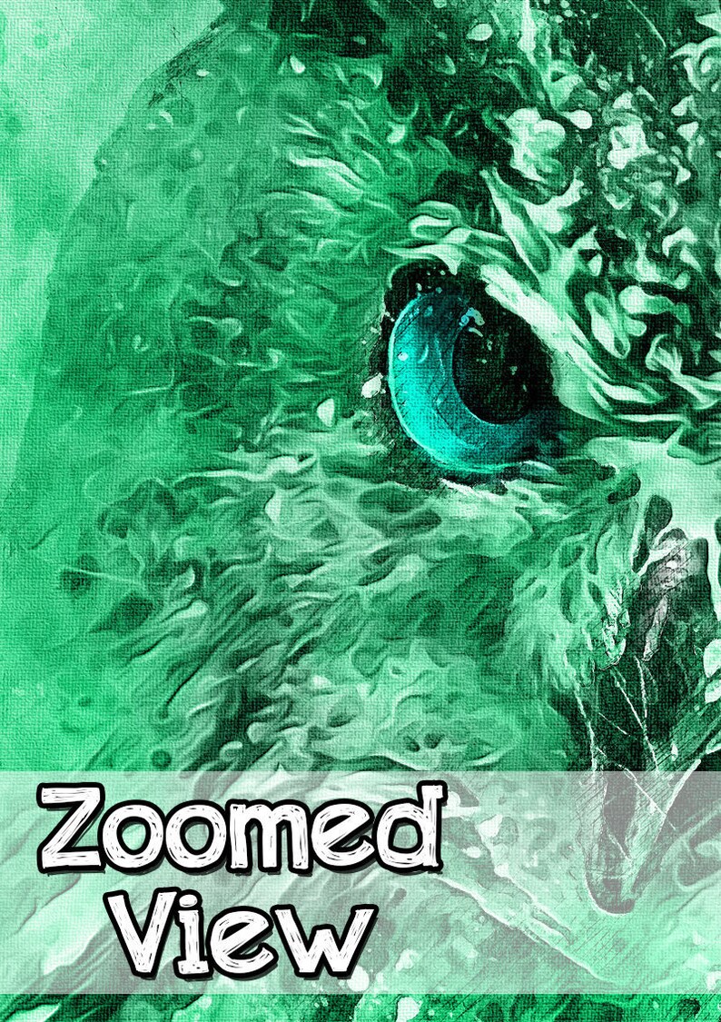 May include: A close-up of a green and blue abstract painting with a textured surface. The painting features a large, swirling eye with a blue iris and a black pupil. The text "Zoomed View" is printed in white on a white background at the bottom of the image.