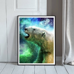 May include: A white polar bear with its mouth open, roaring, against a background of green and blue aurora borealis.