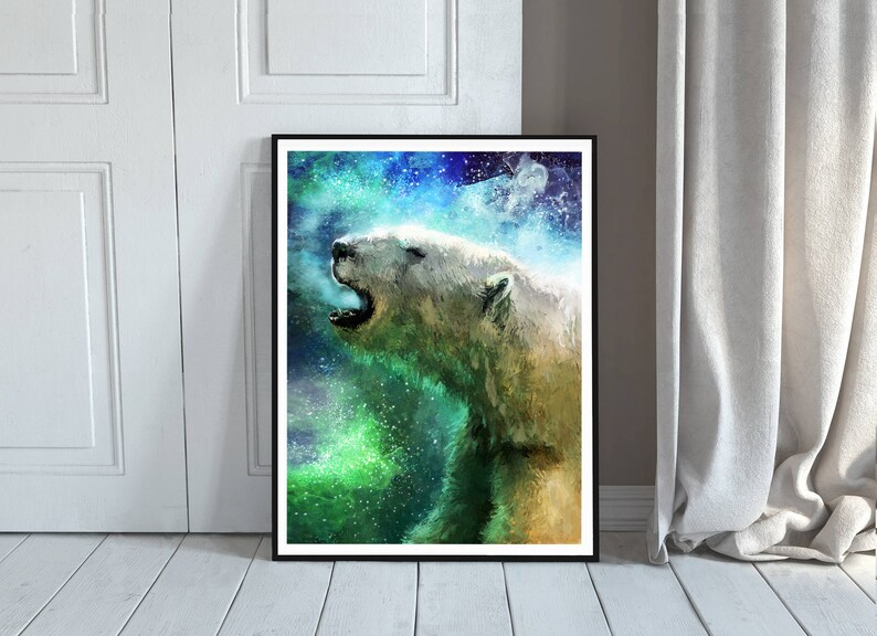 May include: A white polar bear with its mouth open, roaring, against a background of green and blue aurora borealis.