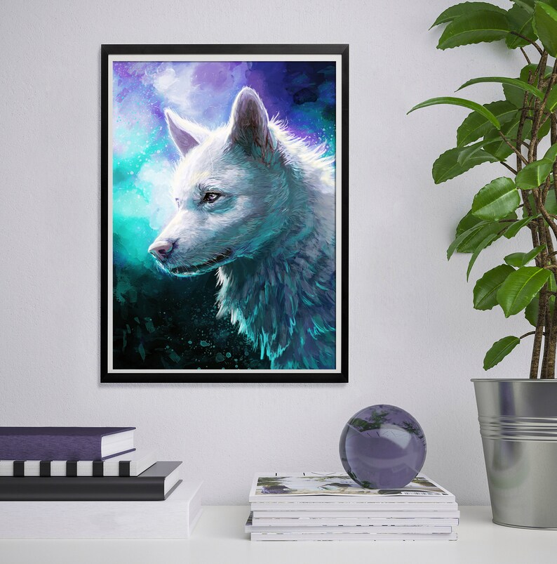 May include: A white wolf with blue eyes is depicted in a digital painting. The wolf is looking to the left, and the background is a dark blue and purple watercolor wash.