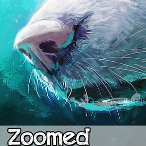 May include: Close-up of a white animal's nose with whiskers. The nose is pink and the whiskers are white. The background is a blurry blue and green.