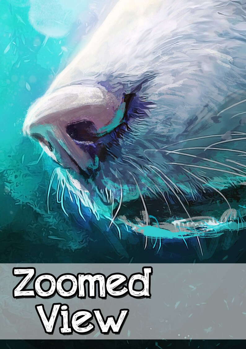 May include: Close-up of a white animal's nose with whiskers. The nose is pink and the whiskers are white. The background is a blurry blue and green.