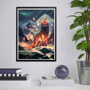 May include: A fiery wolf stands on a snowy mountain peak, surrounded by flames and a swirling aurora borealis in the sky. The wolf's fur is a mix of black and orange, with flames licking at its body.