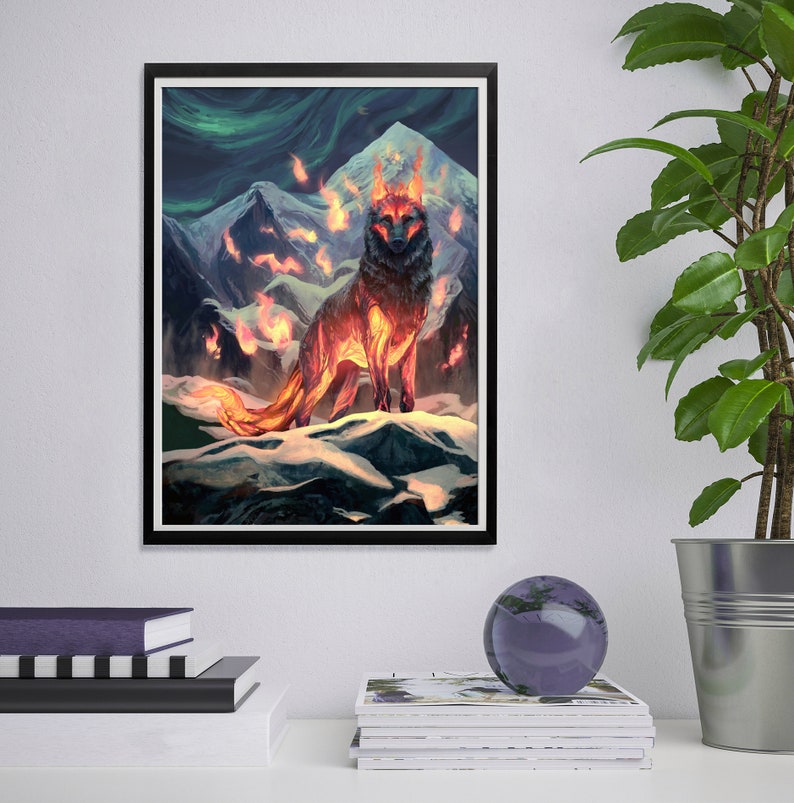 May include: A fiery wolf stands on a snowy mountain peak, surrounded by flames and a swirling aurora borealis in the sky. The wolf's fur is a mix of black and orange, with flames licking at its body.