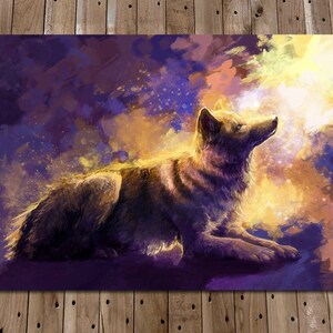 May include: A painting of a wolf with a purple and yellow background. The wolf is looking up at a bright light.