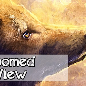 May include: Close-up of a wolf's face, with golden brown fur and a bright yellow eye. The wolf is looking up and to the right, with its nose pointed towards the sky. The background is a soft, blurred yellow and orange.