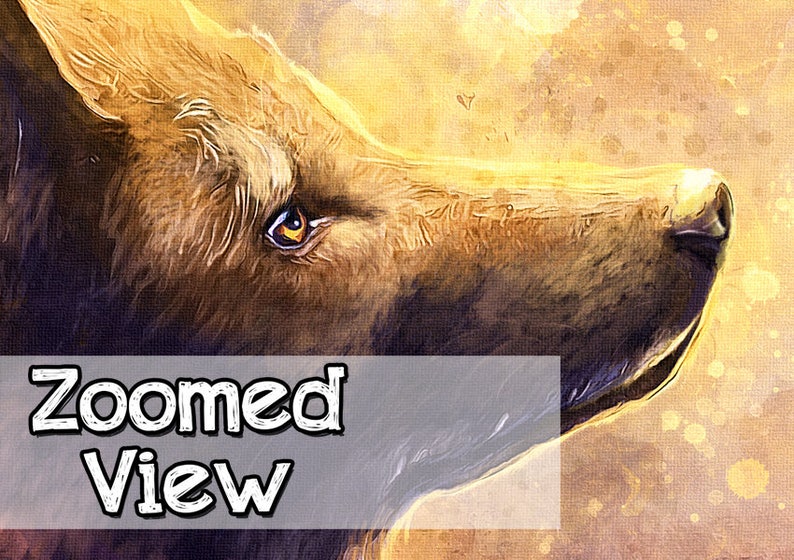 May include: Close-up of a wolf's face, with golden brown fur and a bright yellow eye. The wolf is looking up and to the right, with its nose pointed towards the sky. The background is a soft, blurred yellow and orange.