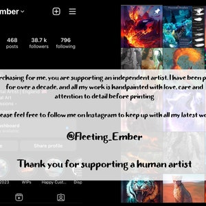 May include: A screenshot of an artist's Instagram profile, featuring a cheetah illustration, the artist's name "Louise Goalby", and the text "By purchasing for me, you are supporting an independent artist. I have been painting for over a decade, and all my work is handpainted with love, care and attention to detail before printing. Please feel free to follow me on Instagram to keep up with all my latest work @Fleeting_Ember Thank you for supporting a human artist."