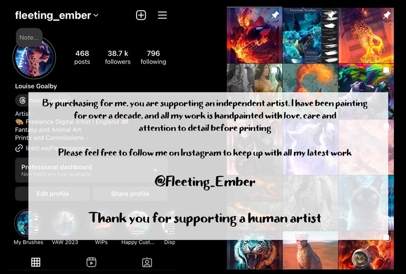 May include: A screenshot of an artist's Instagram profile, featuring a cheetah illustration, the artist's name "Louise Goalby", and the text "By purchasing for me, you are supporting an independent artist. I have been painting for over a decade, and all my work is handpainted with love, care and attention to detail before printing. Please feel free to follow me on Instagram to keep up with all my latest work @Fleeting_Ember Thank you for supporting a human artist."