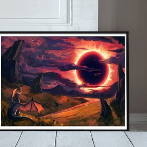 May include: A digital painting of a fantasy landscape with a red and orange sky. A black sun with a red ring around it is in the center of the sky. A dragon with orange wings is sitting on the ground in the foreground.
