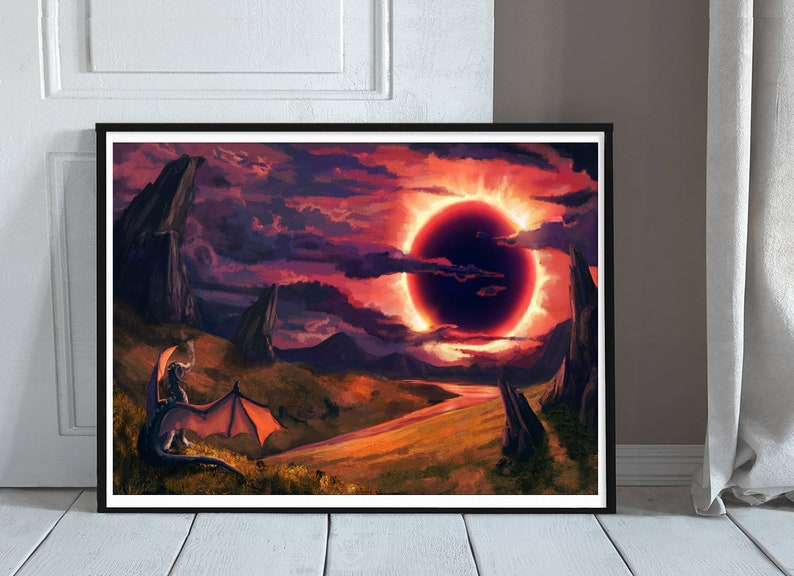 May include: A digital painting of a fantasy landscape with a red and orange sky. A black sun with a red ring around it is in the center of the sky. A dragon with orange wings is sitting on the ground in the foreground.
