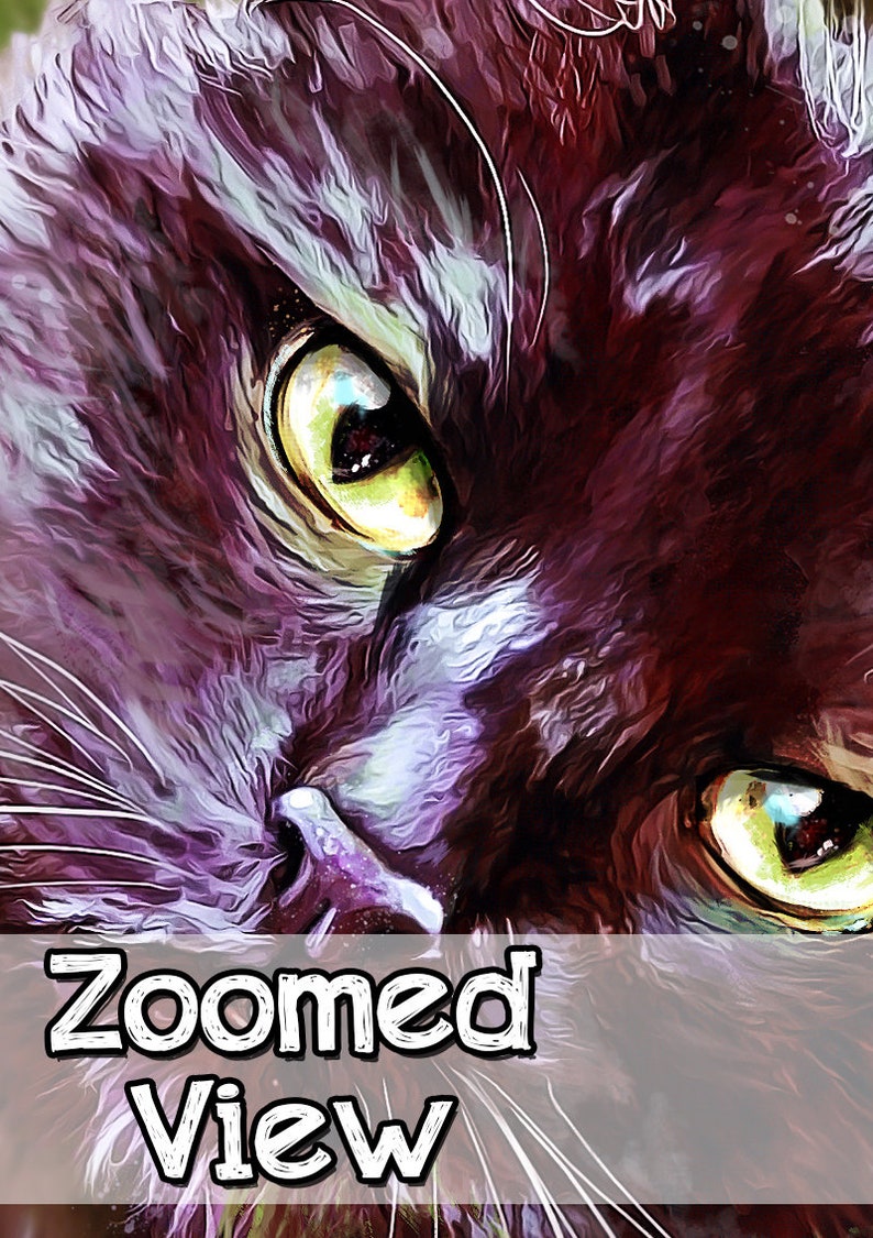 May include: Close-up digital art of a cat's face, featuring intense yellow-green eyes and dark fur with purple and white highlights. The text "Zoomed View" is overlaid at the bottom. The image has a painterly style.